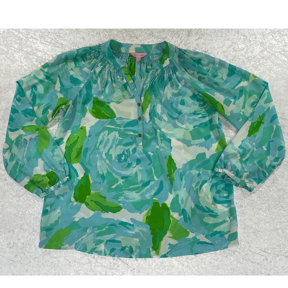 Lilly Pulitzer Blouse Womens M Aqua Green Silk Elsa Floral Excellent Long Sleeve